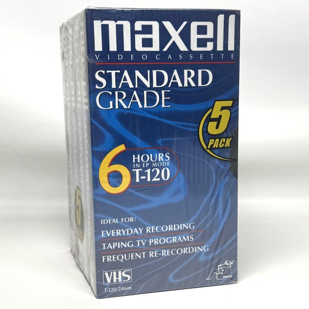 Maxell VHS Tapes T-120 5 Pack Blank New Sealed 6 Hour EP Standard Grade VCR